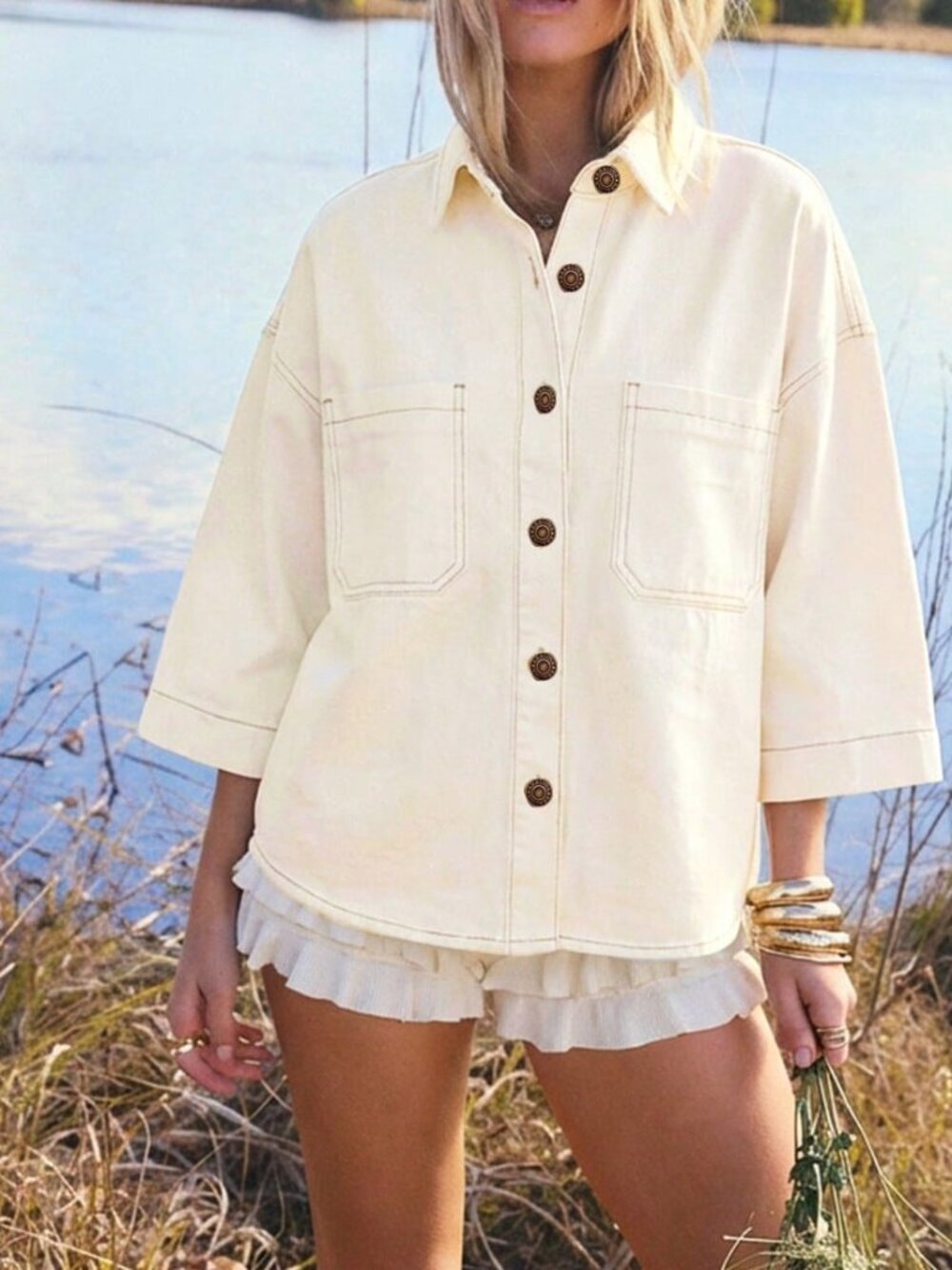 White Casual Women's Drop Shoulder Single-Breasted Loose Pocket Denim Top